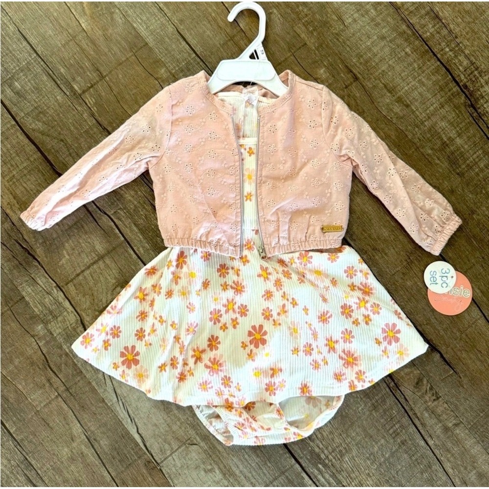 Kensie Baby Girls 3pc Set Floral Ribbed Dress Diaper Cover Eyelet Jacket 18M